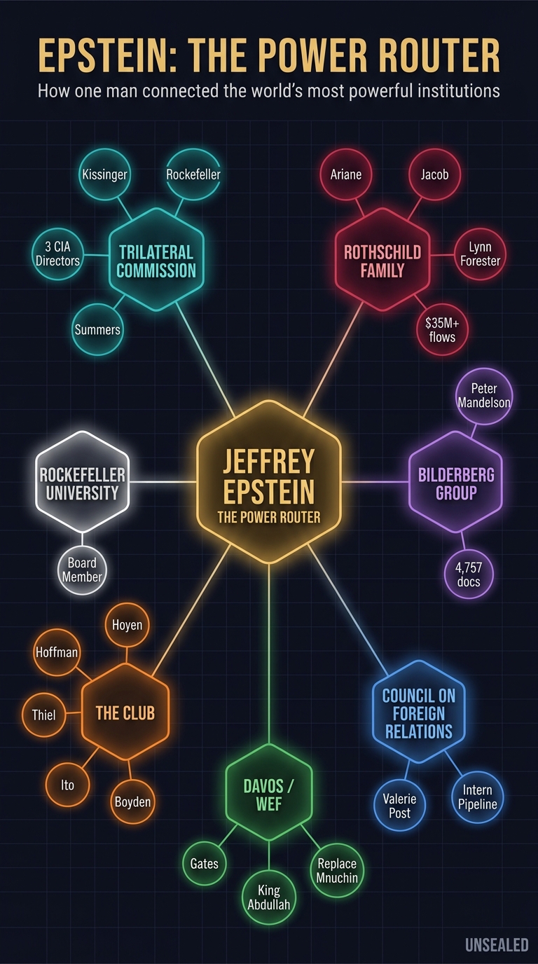 Epstein: The Power Router — network diagram showing connections between the Trilateral Commission, Rothschild Family, Bilderberg Group, CFR, Davos/WEF, Rockefeller University, and "The Club"