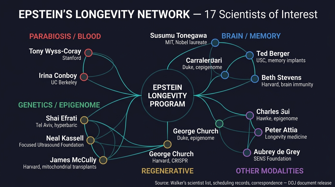 Epstein's Longevity Network — 17 Scientists of Interest clustered by research modality