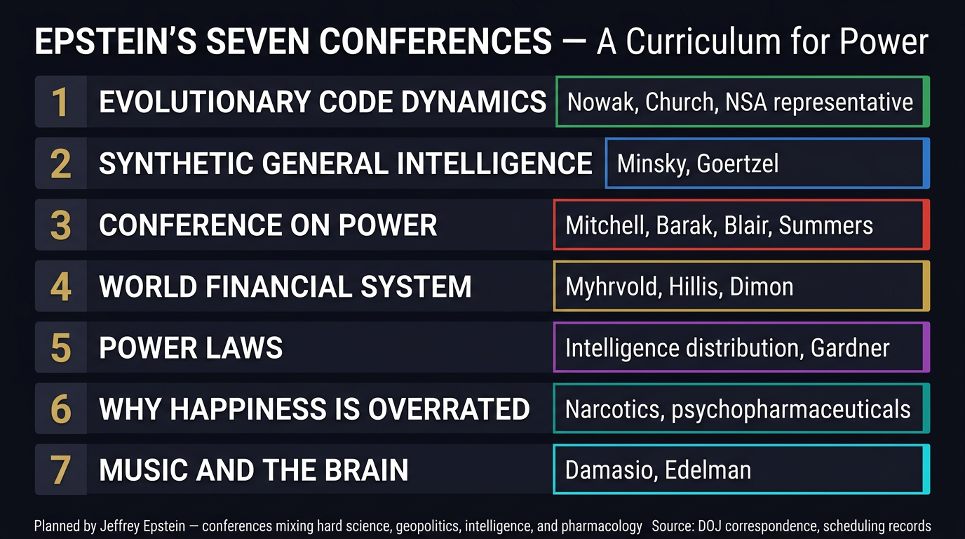 Epstein's Seven Conferences — A Curriculum for Power, mixing hard science, geopolitics, intelligence, and pharmacology